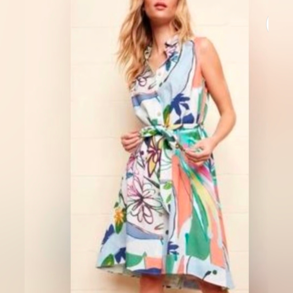 Charlie B Linen Blend Floral Sleeveless Midi Dress Size XS